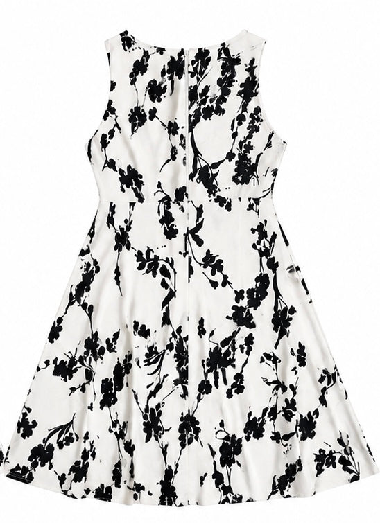Robe femme blanche à motifs floraux noirs – Coupe évasée – Taille M